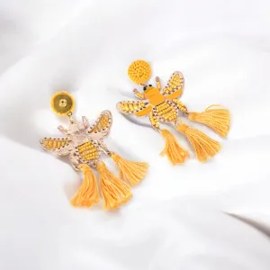 Yellow Beaded Bee Earrings with Tassel Accents – Statement Jewelry for a Bold Look