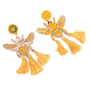 Yellow Beaded Bee Earrings with Tassel Accents – Statement Jewelry for a Bold Look