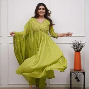 Women's Cotton Embroidered Anarkali Kurti with Pant and Dupatta Green