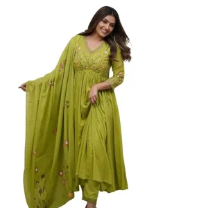Women's Cotton Embroidered Anarkali Kurti with Pant and Dupatta Green