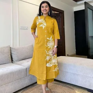 Women's Cotton Floral Print Straight Kurti with Pant Yellow Color