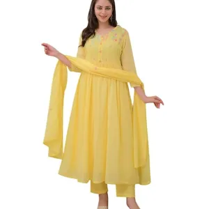 Women's Cotton Embroidered Anarkali Suit Set with Pant and Dupatta Yellow