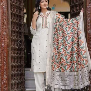 Women's Cotton Straight Kurti with Pant and Dupatta – Embroidered Ethnic Set