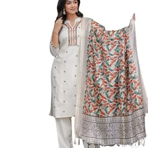 Women's Cotton Straight Kurti with Pant and Dupatta – Embroidered Ethnic Set