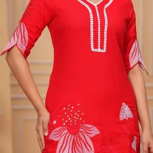 Women's Cotton Floral Printed Short Straight Kurti with Pant