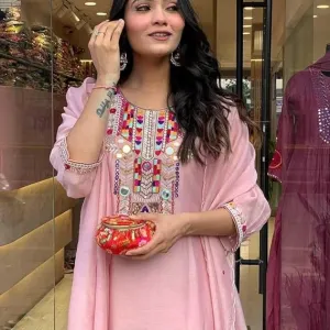 Women's Cotton Mirror Work Embroidered Straight Kurti with Pant and Dupatta Set