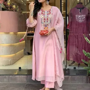 Women's Cotton Mirror Work Embroidered Straight Kurti with Pant and Dupatta Set