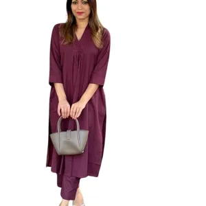 Women's Cotton Plain Coard Set A-Line Straight Kurti with Pant