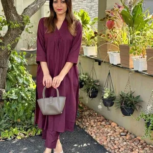 Women's Cotton Plain Coard Set A-Line Straight Kurti with Pant