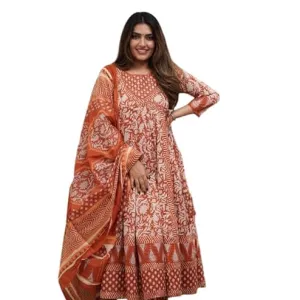 Womens Cotton Floral Print Anarkali Kurt...