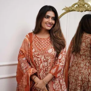 Womens Cotton Floral Print Anarkali Kurti Pant and Mulmul Dupatta Ethnic Set