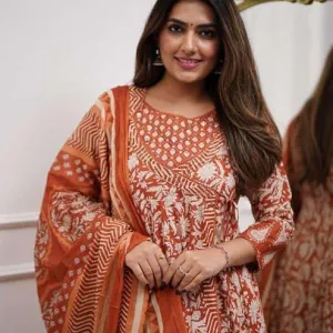 Womens Cotton Floral Print Anarkali Kurti Pant and Mulmul Dupatta Ethnic Set