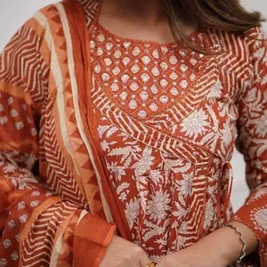 Womens Cotton Floral Print Anarkali Kurti Pant and Mulmul Dupatta Ethnic Set