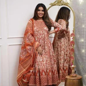 Womens Cotton Floral Print Anarkali Kurti Pant and Mulmul Dupatta Ethnic Set