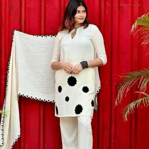 Women's Cotton Embroidered Floral Patchwork Kurti with Pant and Dupatta Set