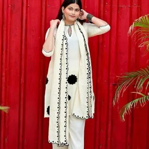 Women's Cotton Embroidered Floral Patchwork Kurti with Pant and Dupatta Set