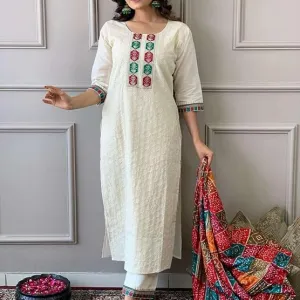 Women's Cotton Chikankari Print Straight Kurti with Pant andMulmul Dupatta Set