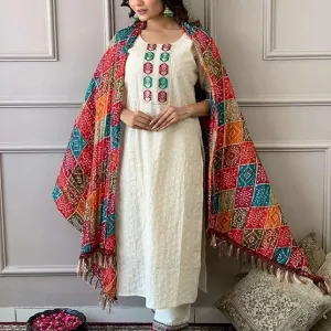 Women's Cotton Chikankari Print Straight Kurti with Pant andMulmul Dupatta Set