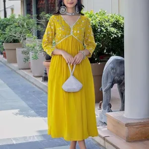 Womens Rayon Embroidered Georgette Fit and Flare Dress Yellow