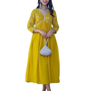 Womens Rayon Embroidered Georgette Fit and Flare Dress Yellow