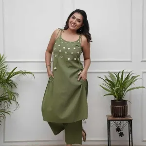 Womens Cotton Embroidered Sleeveless Kurti and Ankle Length Pant Set