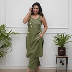 Womens Cotton Embroidered Sleeveless Kurti and Ankle Length Pant Set