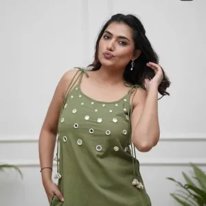 Womens Cotton Embroidered Sleeveless Kurti and Ankle Length Pant Set