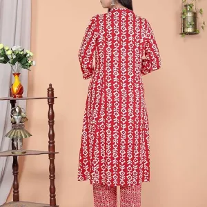 Womens Rayon Floral Printed Mandarin Collar A Line Kurti with Trousers