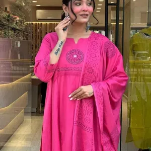 Women's Cotton Embroidery Handblock Floral Kurti Pant with Dupatta Set