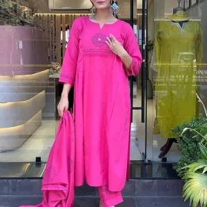 Women's Cotton Embroidery Handblock Floral Kurti Pant with Dupatta Set