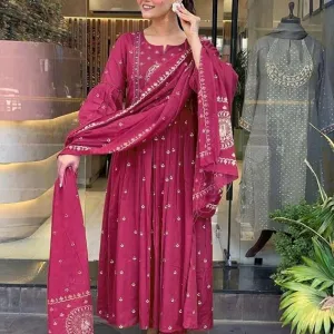 Women's Cotton Embroidered Anarkali Kurti with Malmal Dupatta Set