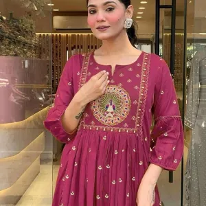 Women's Cotton Embroidered Anarkali Kurti with Malmal Dupatta Set