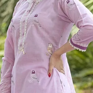 Women's Cotton Embroidered Straight Kurti with Pant and Dupatta Set