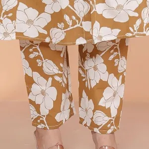 Womens Cotton Floral Printed Mandarin Collar A Line Kurti with Pant Brown