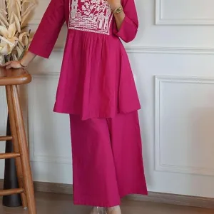 Women's Cotton Embroidered Short Anarkali Kurti with Pant
