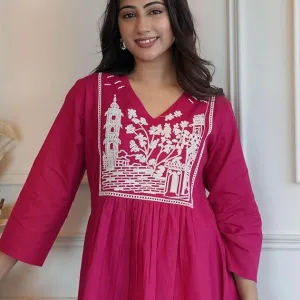 Women's Cotton Embroidered Short Anarkali Kurti with Pant