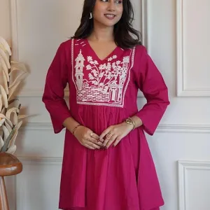 Women's Cotton Embroidered Short Anarkali Kurti with Pant