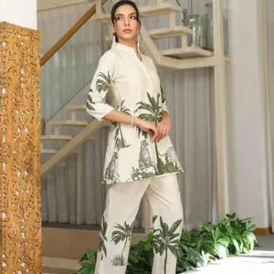 Women's Cotton Floral Printed Straight Short Kurti with Pant Set