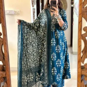 Women's Cotton Floral Printed Anazrkali Kurti with Pant & Dupatta Set