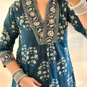 Women's Cotton Floral Printed Anazrkali Kurti with Pant & Dupatta Set