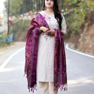 Women's Cotton Floral Printed Straight Kurti with Pant and Dupatta Set
