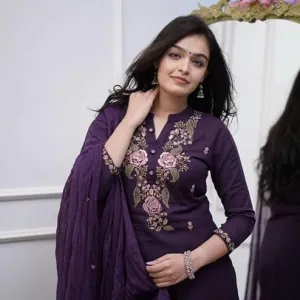 Women's Cotton Embroidery Work Straight Kurti with Pant & Mulmul Dupatta Set