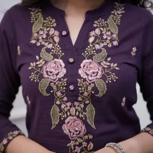 Women's Cotton Embroidery Work Straight Kurti with Pant & Mulmul Dupatta Set