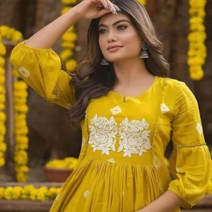 Women's Cotton Printed Long Anarkali Kurti with Pant