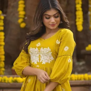 Women's Cotton Printed Long Anarkali Kurti with Pant