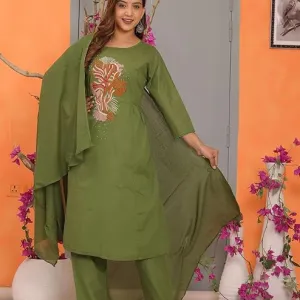 Women's Cotton Embroidery Straight Kurti with Pant Set