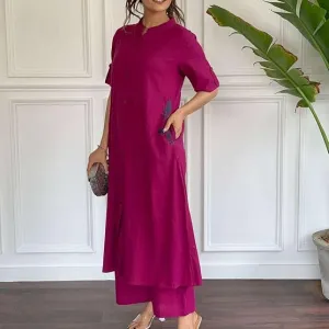 Women's Cotton Embroiderd Long A-Line Kurti with Palazzo