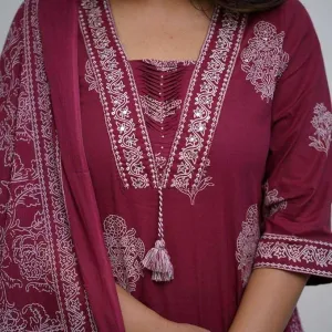 Women's Cotton Printed Straight Kurti with Pant & Dupatta Set Maroon