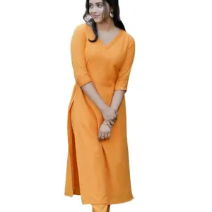 Women's Cotton V-Neck Plain Straight Kur...