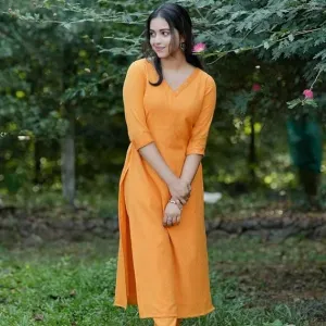 Women's Cotton V-Neck Plain Straight Kurti with Pant Yellow